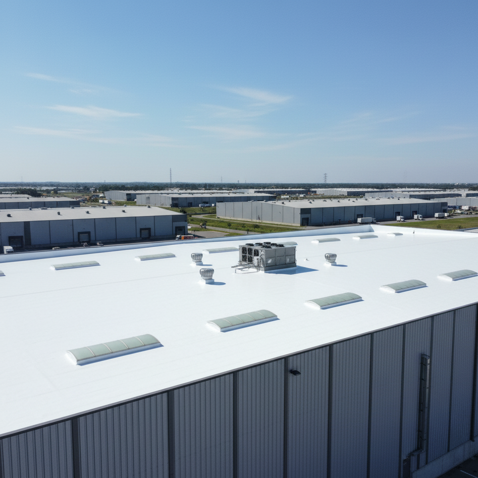 Cool Roof Toiture industrielle recouverte d’un revêtement cool roof, optimisant la stabilité thermique et la consommation énergétique des systèmes frigorifiques du bâtiment.