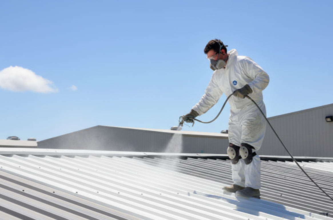 Pose de cool roof Travaux d’application de cool roof sur une toiture commerciale, protégeant la structure des UV et contribuant à la réduction des émissions de CO₂.