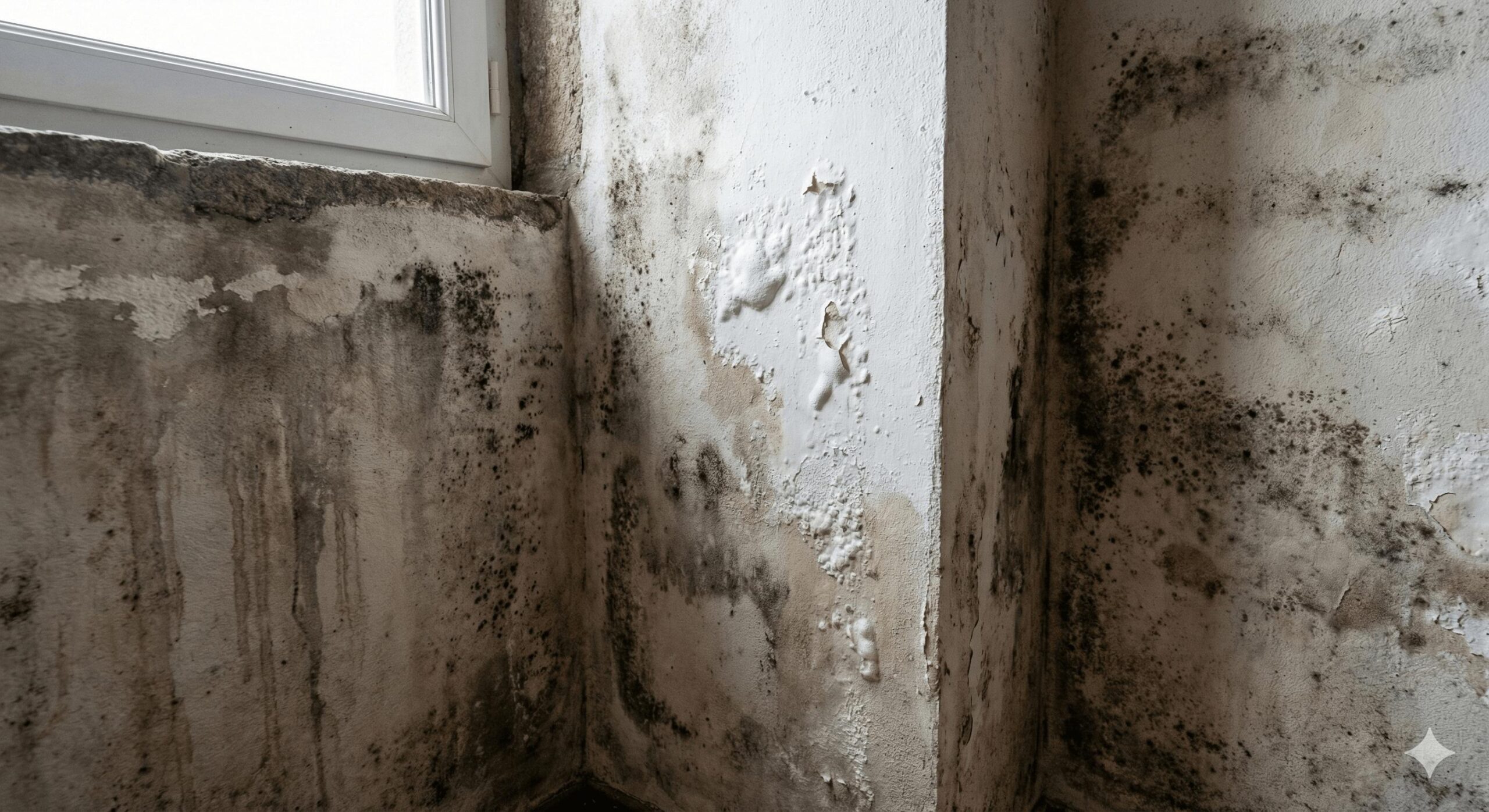 Moisissures sur murs intérieurs dans une maison en Bretagne à cause de la condensation