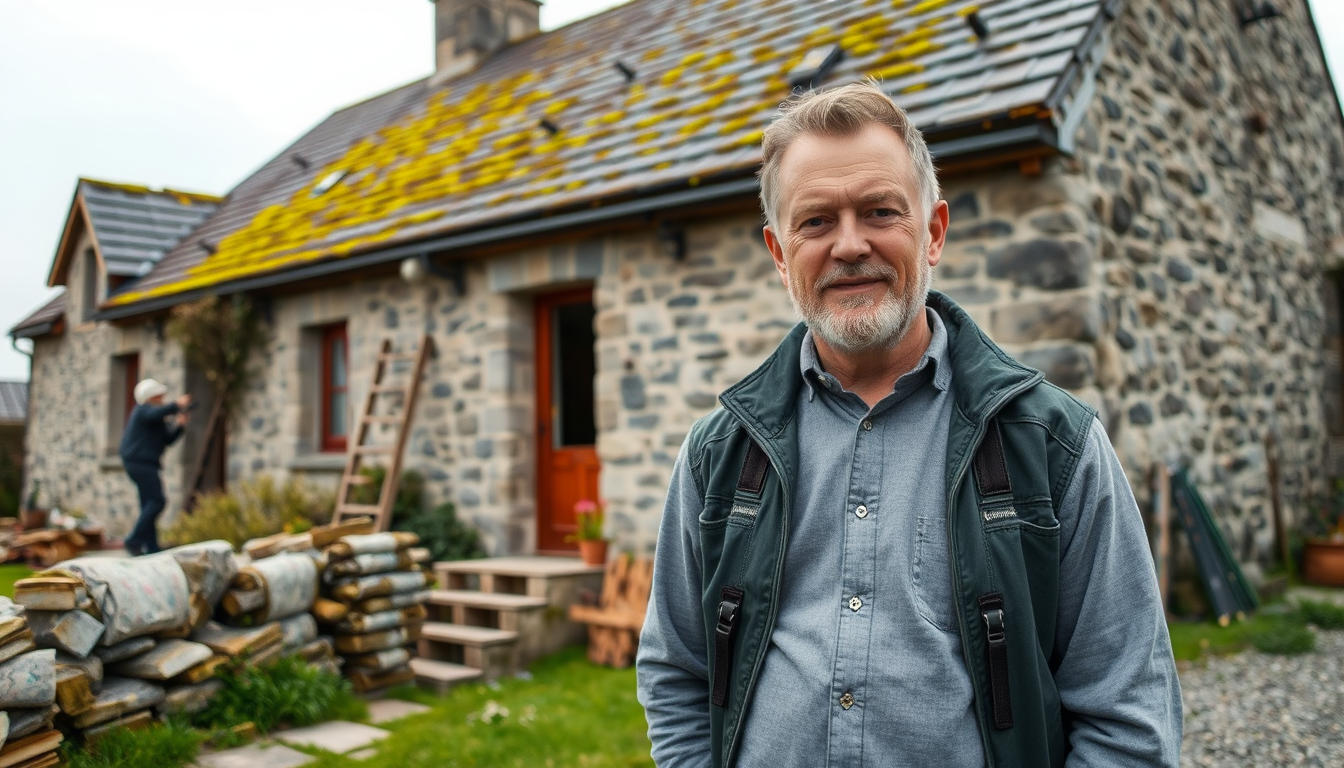 Propriétaire breton devant sa maison néo-bretonne en cours de rénovation énergétique