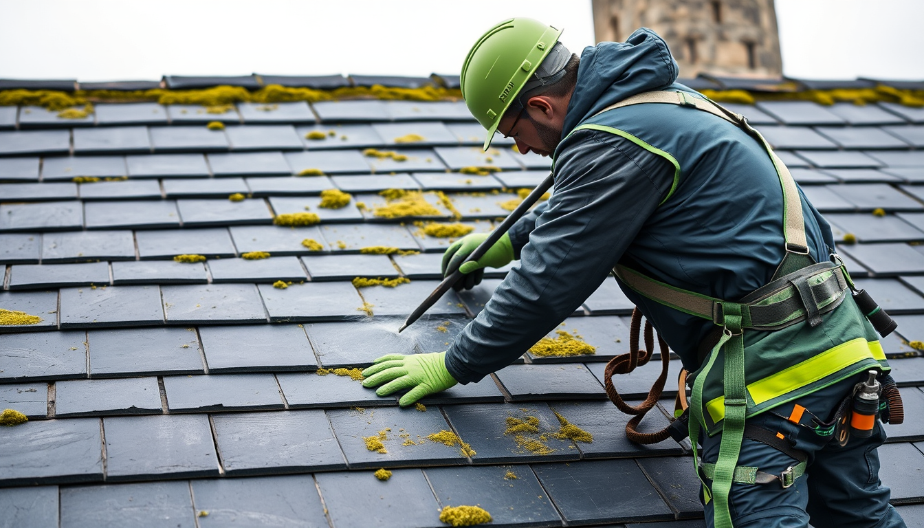 Couvreur breton réalisant un démoussage et hydrofuge sur toiture ardoise