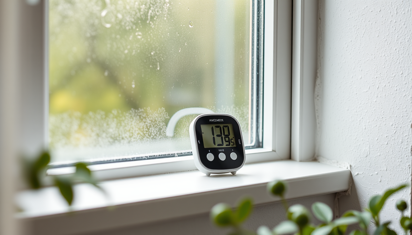 Hygromètre posé sur un rebord de fenêtre dans une maison bretonne pour mesurer le taux d'humidité