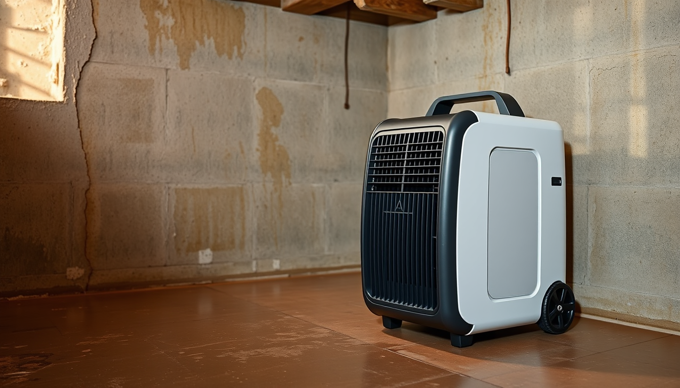 Déshumidificateur électrique posé dans un sous-sol humide en Bretagne