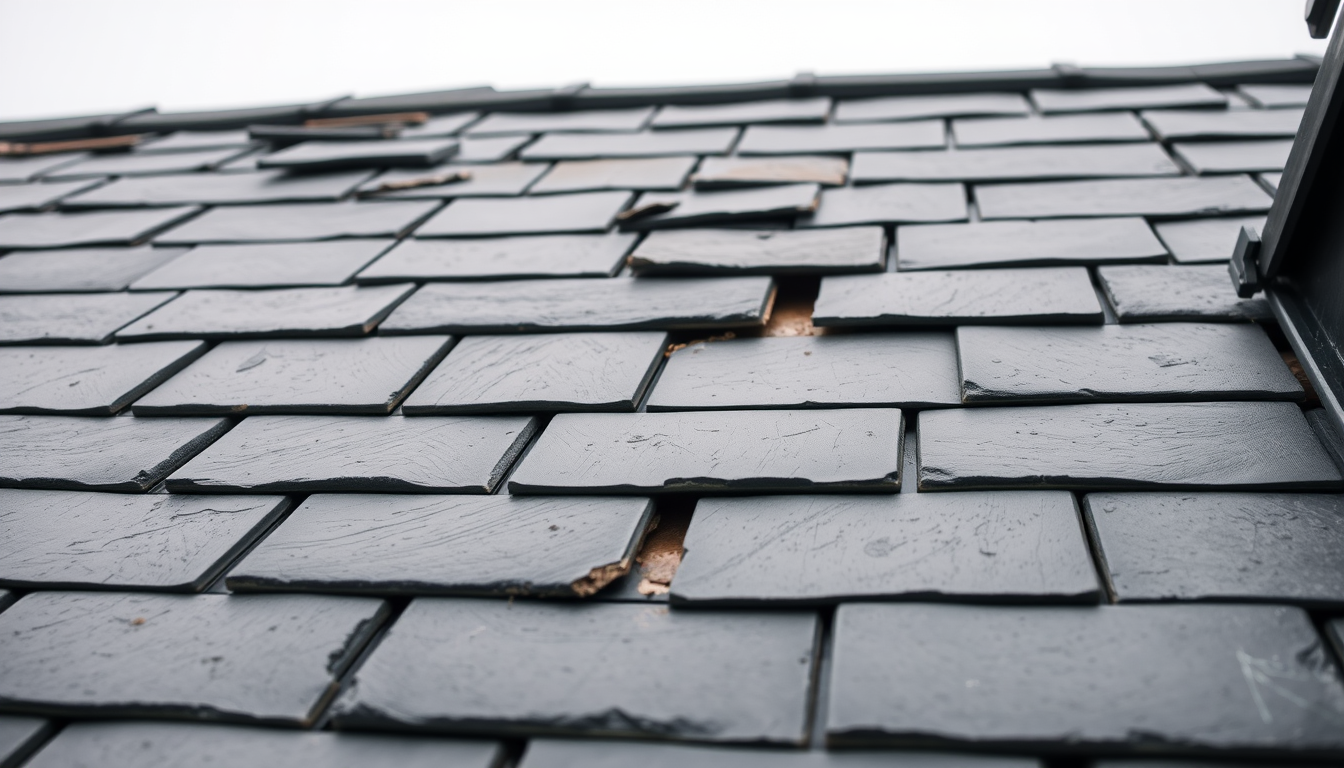 Ardoises fissurées et glissées sur une toiture bretonne nécessitant réparation